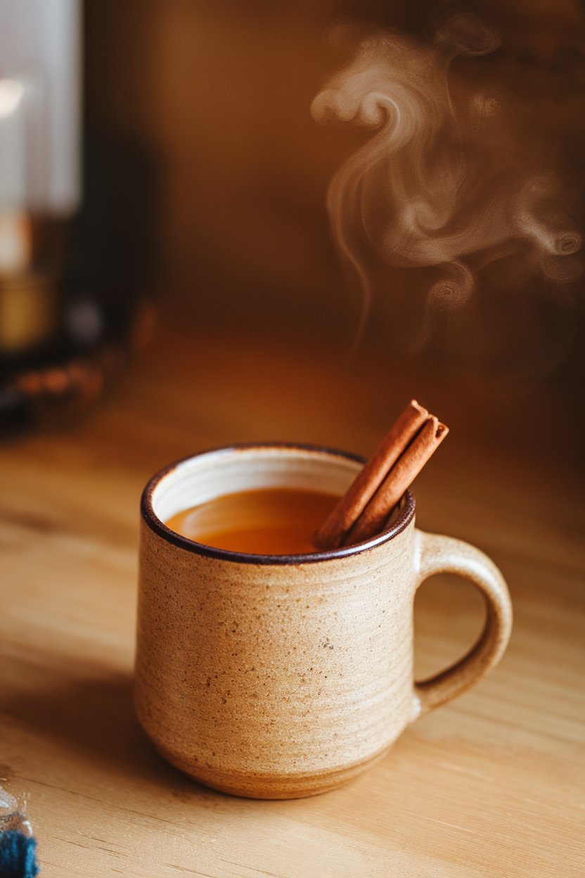 Indoor ceramic mug of warm golden toddy, cinnamon stick stirrer and steam rising. No branding visible.