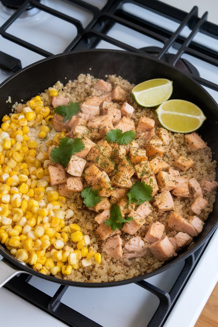 An indoor skillet on a stove containing quinoa, diced chicken breast, corn, and cilantro lime seasoning, lime wedges on the side; no text or logos; photo