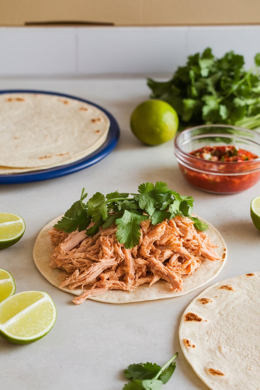 Photo of indoor countertop with warm tortillas filled with shredded green salsa turkey and fresh cilantro. No text or logos visible.