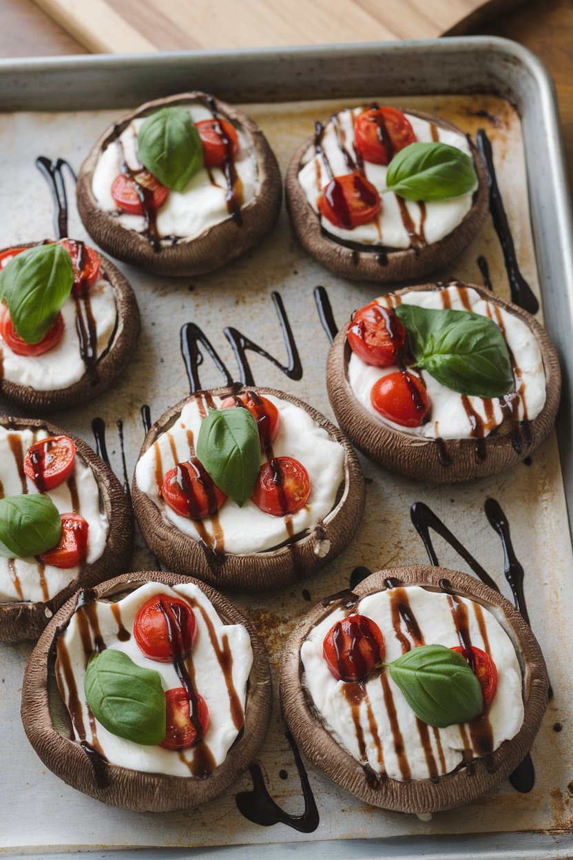 Indoor baking sheet with large portobello caps filled with melted mozzarella, cherry tomatoes, and basil leaves. No logos or text.