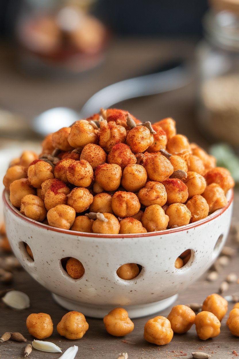 An indoor snack bowl piled with seasoned, crunchy roasted chickpeas; photo only, no text or logos.