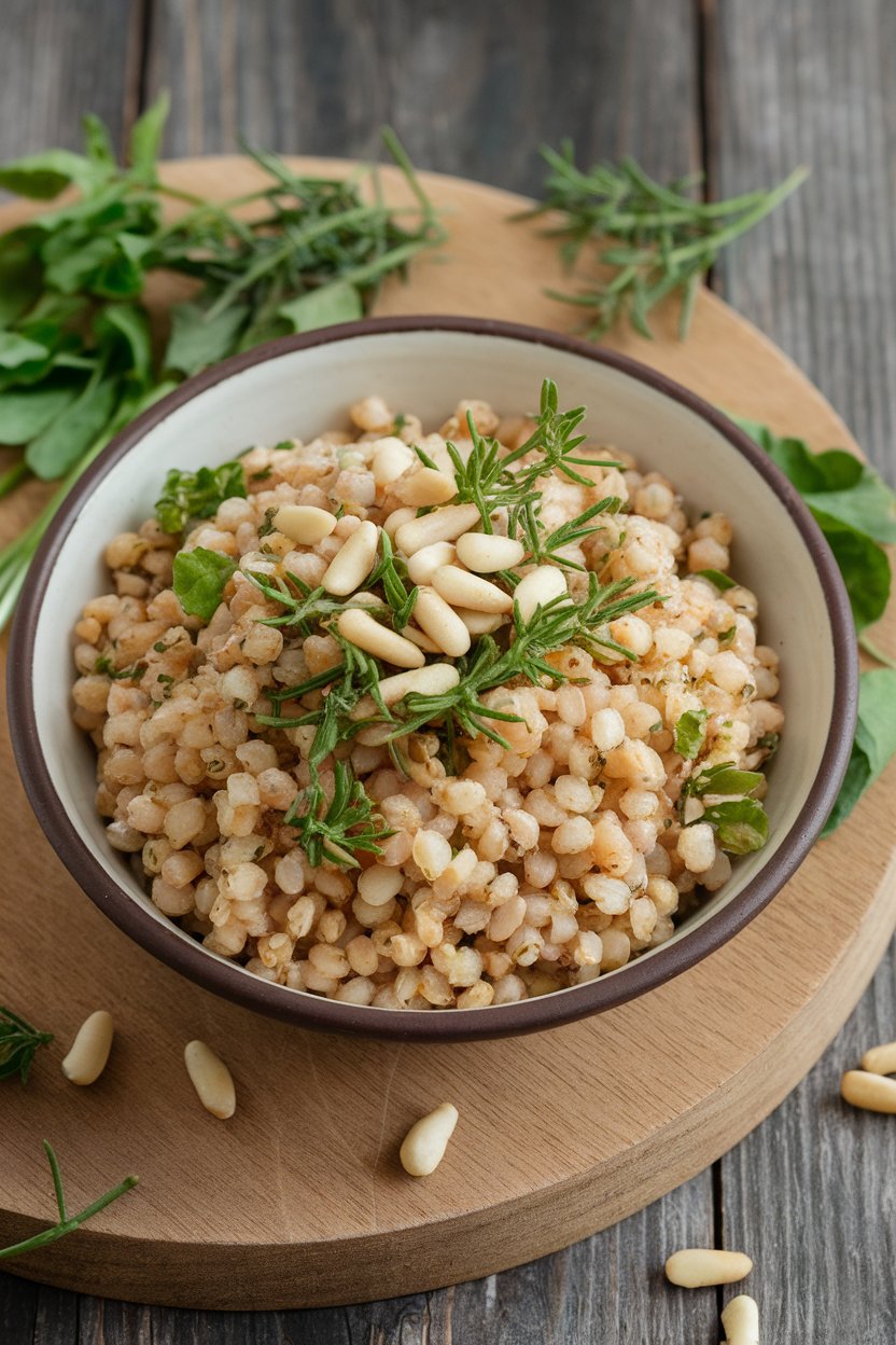 A bowl indoors containing fluffy millet grains tossed with fresh herbs and sprinkled with pine nuts. Photo, no text or logos.