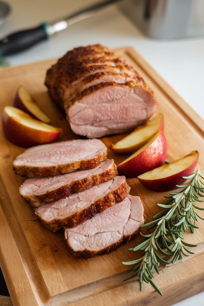 A carving board indoors displaying sliced pork tenderloin alongside caramelized apple wedges and a sprig of rosemary; no text or logos.