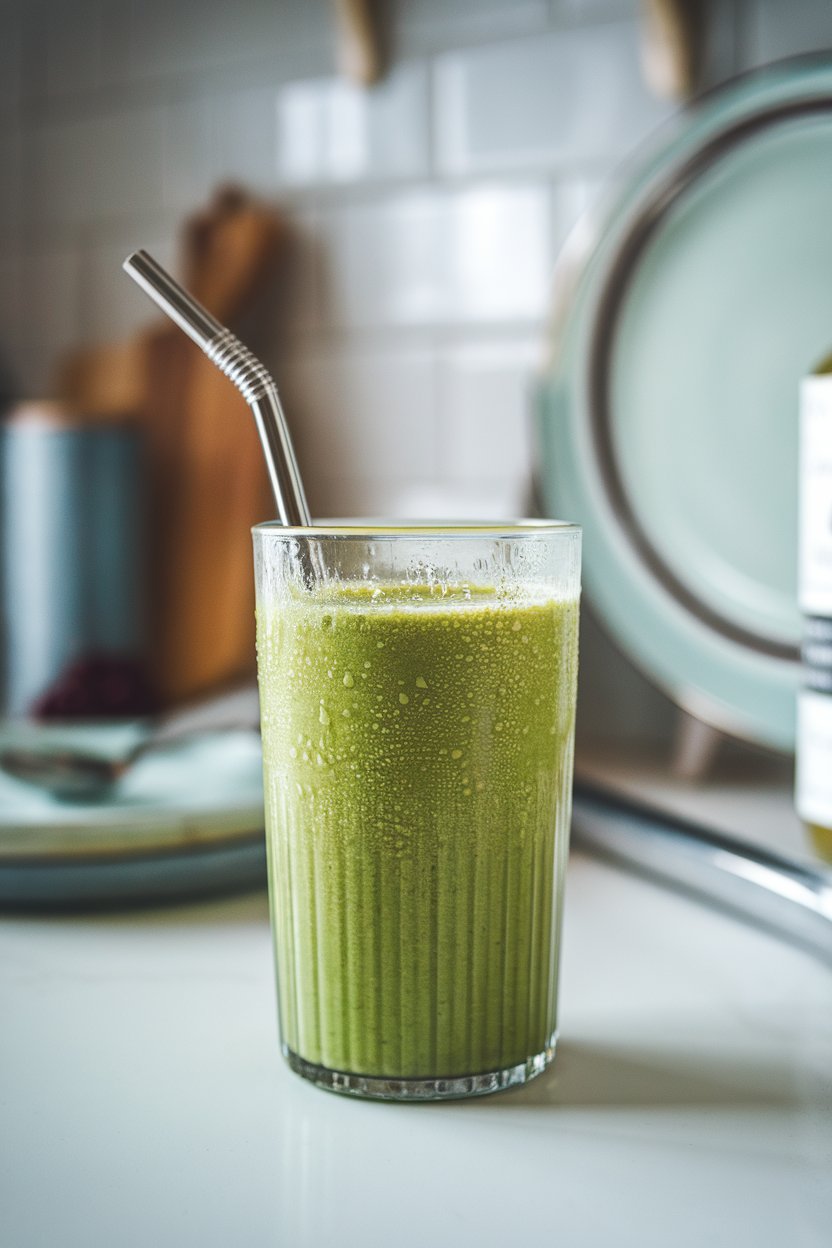 Indoor kitchen counter photo of a tall glass filled with a vibrant green smoothie, condensation on the outside, a metal straw peeking out. No text or logos.