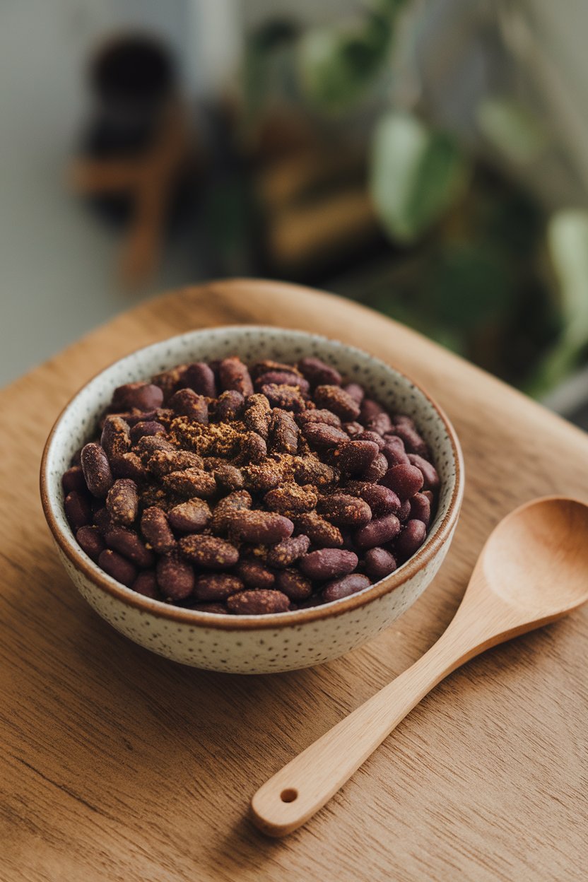 An indoor bowl of cooked black beans sprinkled with cumin, a wooden spoon beside it. No text or logos on bowl.