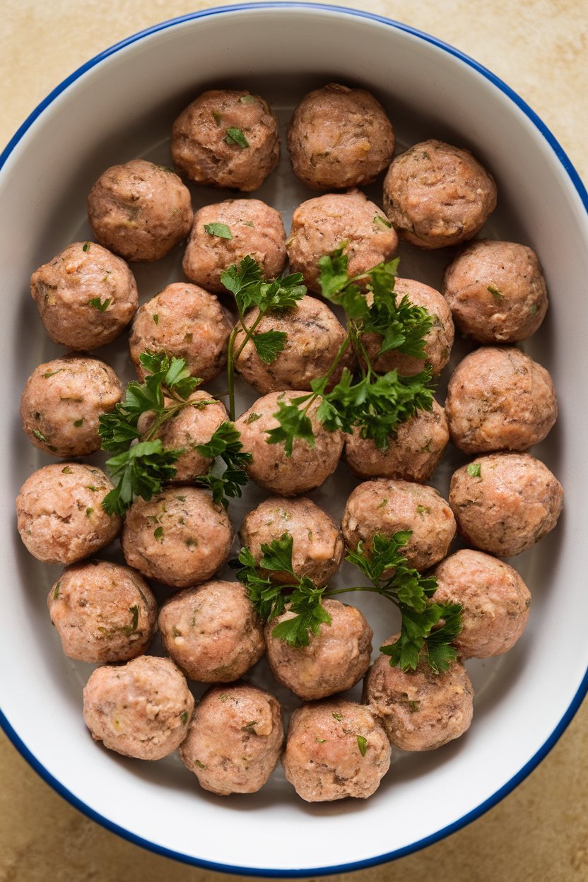Indoor photo of small turkey breakfast meatballs in a shallow dish with a parsley garnish, overhead view, no text or logos