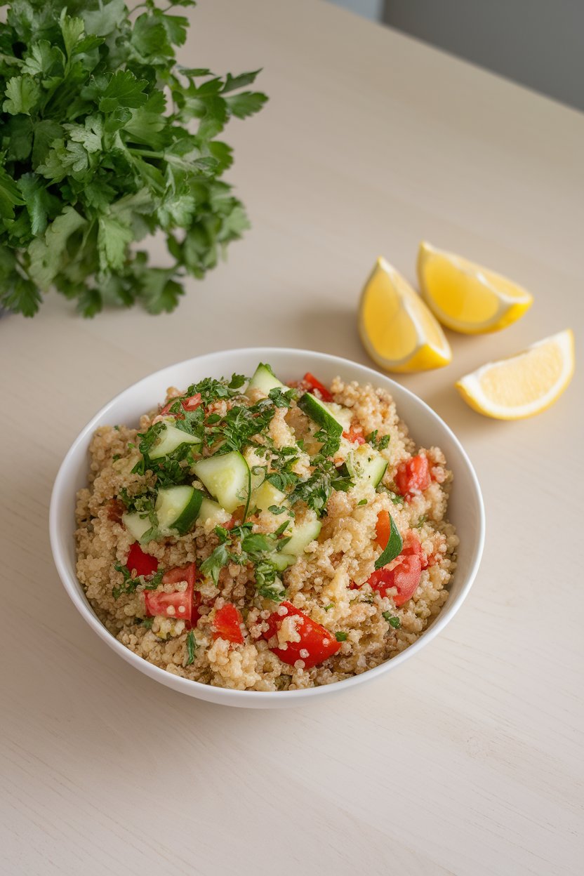 Photo of an indoor tabletop showing a bowl of cooked quinoa mixed with chopped parsley, tomatoes, cucumbers, and lemon vinaigrette; no text or logos