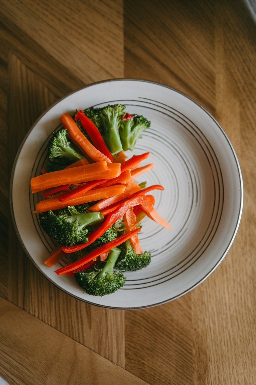 Indoor overhead photo of a dinner plate where the left half is piled high with colorful steamed broccoli, carrots, and red bell pepper strips, while the right half remains empty, all on a wooden kitchen table. Soft, natural lighting, no text or logos.