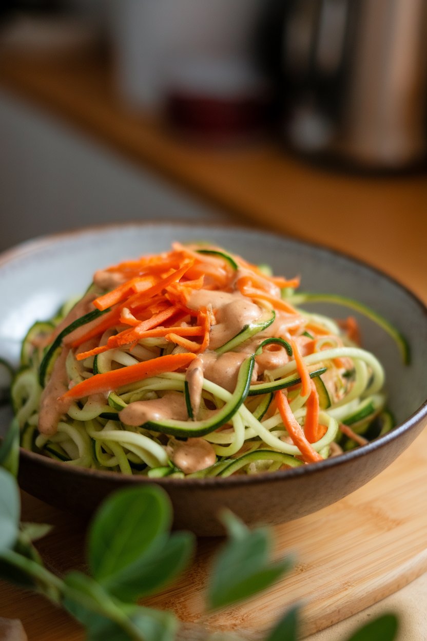 Photo of zucchini noodles tossed with shredded carrots and a light peanut sauce, served in a bowl indoors. No logos or text present.
