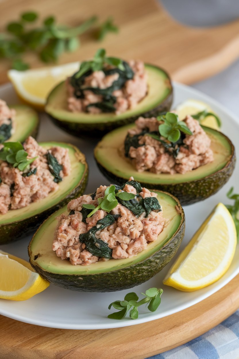 Indoor plate of halved avocados filled with ground turkey spinach mixture—no text or logos.