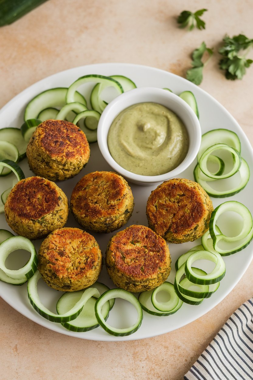 An indoor platter of baked falafel balls accompanied by cucumber ribbons and tahini sauce, no text or logos.