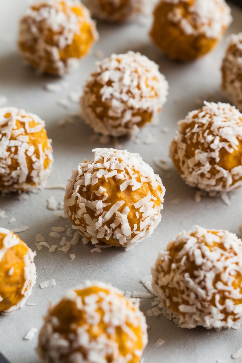 Photo of bite-sized pumpkin energy balls coated in shredded coconut, arranged indoors on a baking sheet. No logos or text visible.