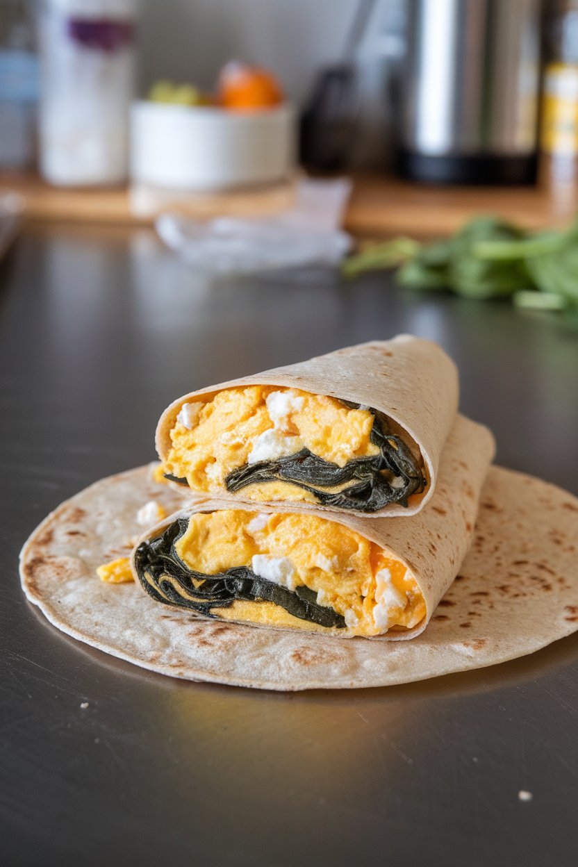 A whole-wheat tortilla on an indoor counter rolled around scrambled eggs, wilted spinach, and crumbled feta, cut in half to show filling. No text or logos present.
