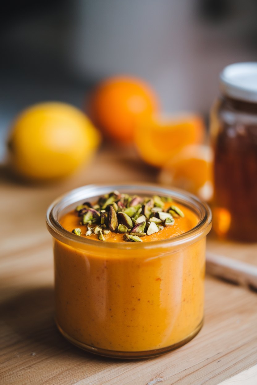 Indoor photo of glass jar holding bright orange persimmon pudding topped with chopped pistachios. No text or logos.