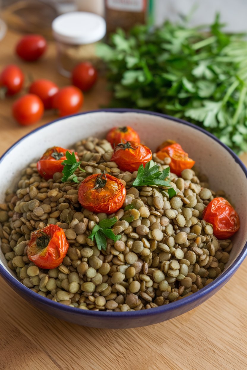 A shallow indoor bowl with cooked green lentils mixed with blistered cherry tomatoes and fresh parsley; photo, no text or logos.