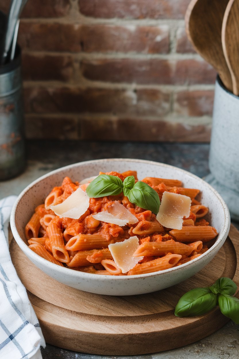 Indoor photo of a bowl of red lentil penne coated in tomato basil sauce, garnished with parmesan shavings. No text or logos.
