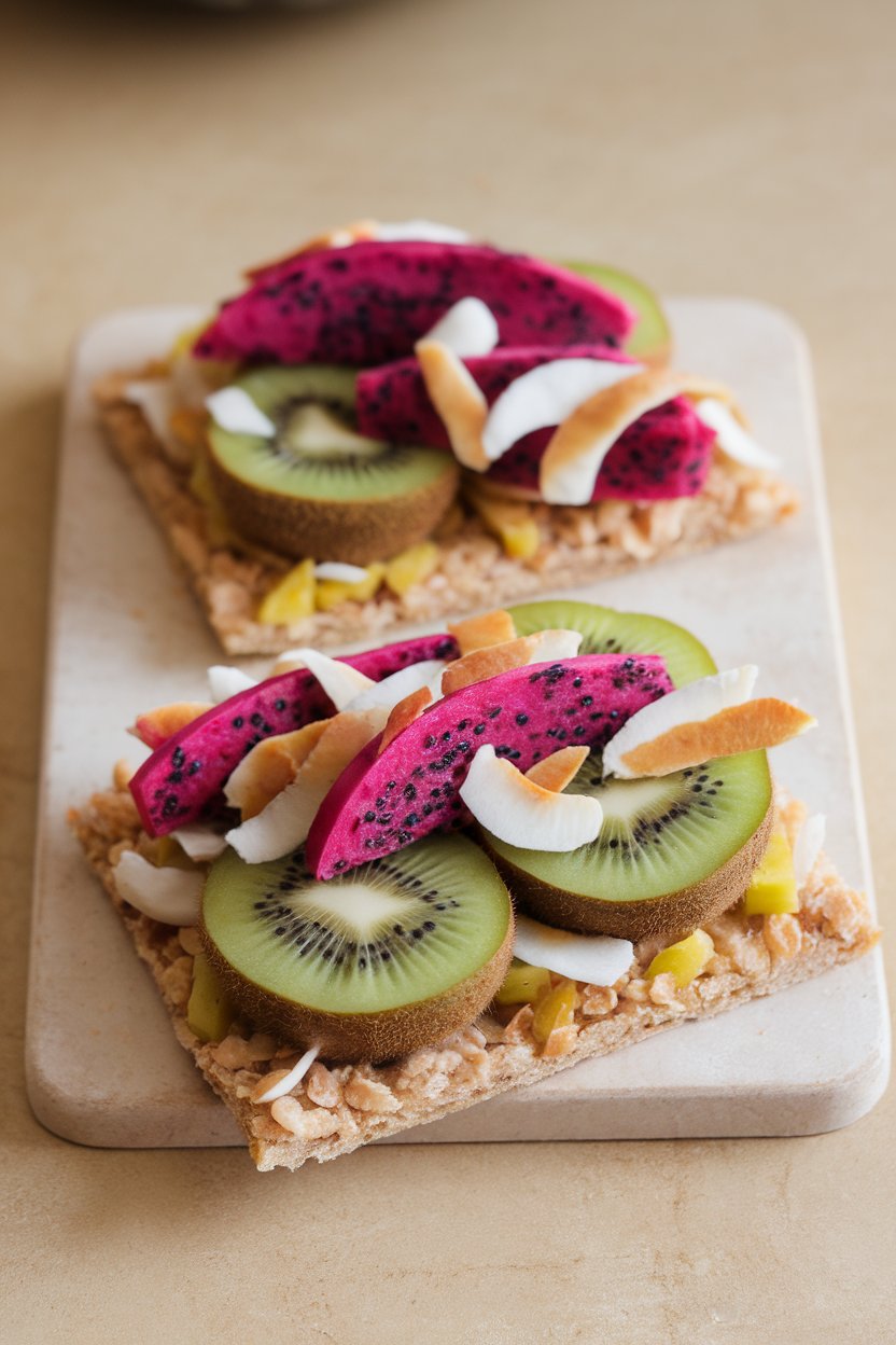 Indoor photo of whole-grain flatbread topped with sliced dragon fruit, kiwi, and coconut flakes on a small board, no text or logos