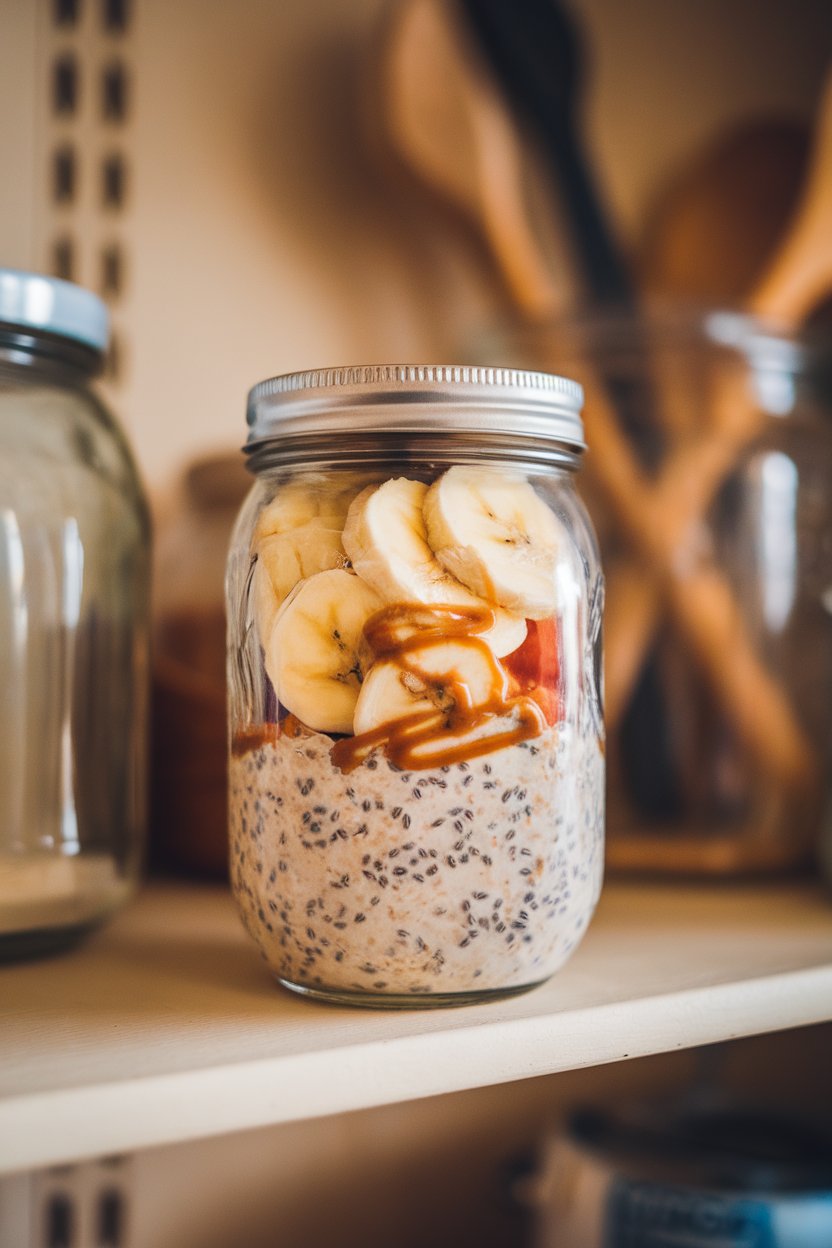 A mason jar on an indoor kitchen shelf filled with creamy oats, chia seeds, sliced bananas, and almond butter swirls; cozy evening light, no text or logos; photo