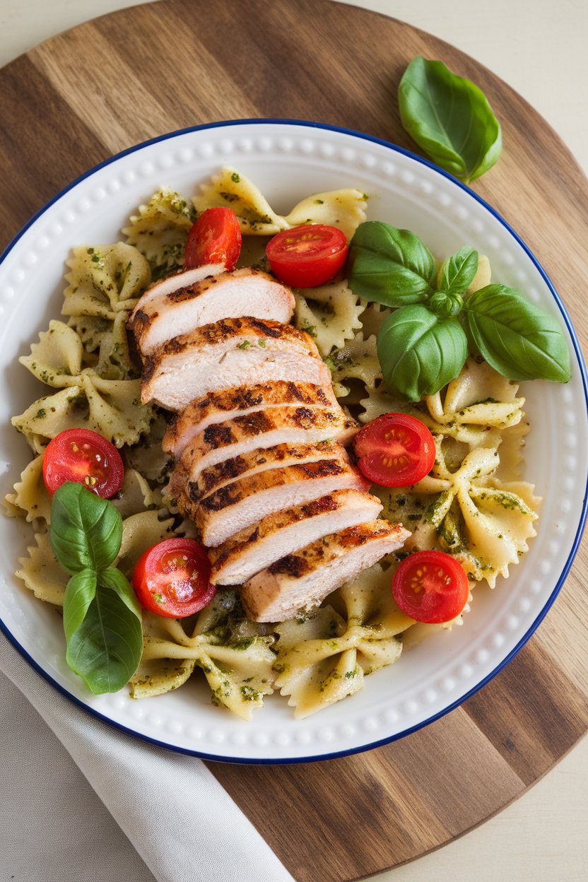 An indoor dish of bow-tie pasta, sliced grilled chicken, basil pesto, and halved cherry tomatoes; no text or logos.