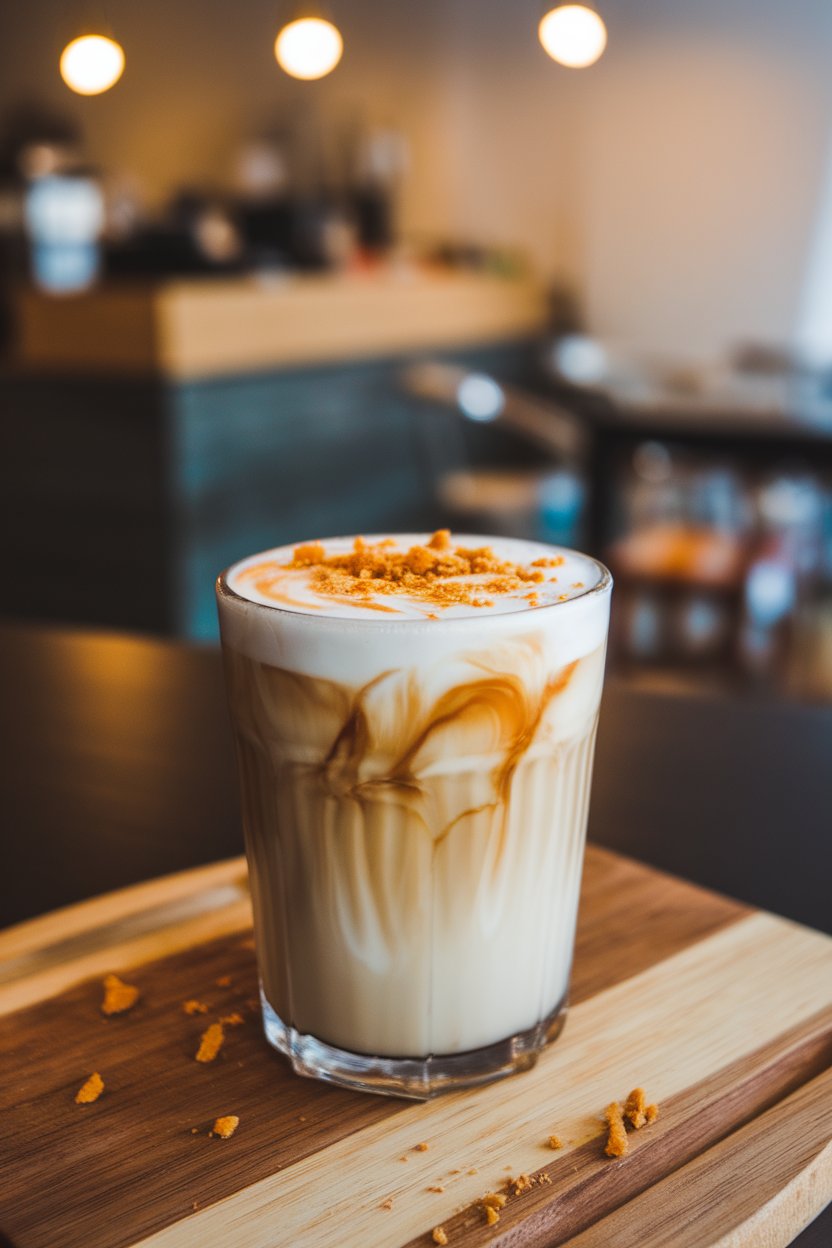Indoor coffee shop counter featuring a glass of iced latte swirled with ginger syrup, crushed ginger snap cookie crumbs on foam. No text or logos. Photo only.