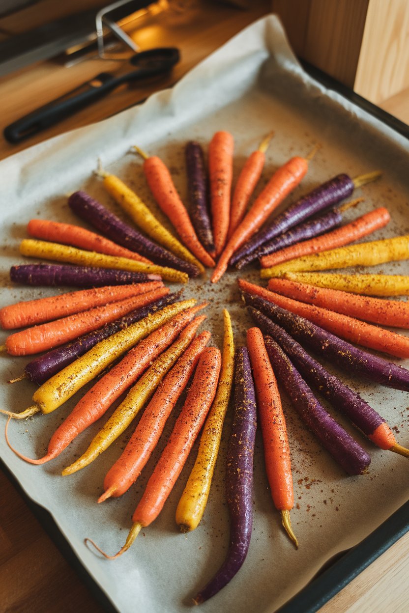 Indoor photo of rainbow carrots coated in turmeric and pepper, roasted on a parchment-lined tray. No text or logos; photograph.