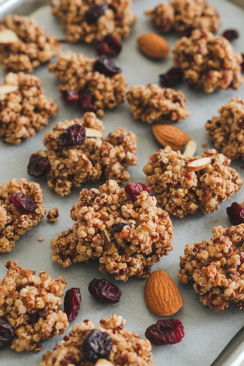 Photo of clusters of quinoa granola with cranberries and almonds on a baking sheet indoors. No branding or text visible.