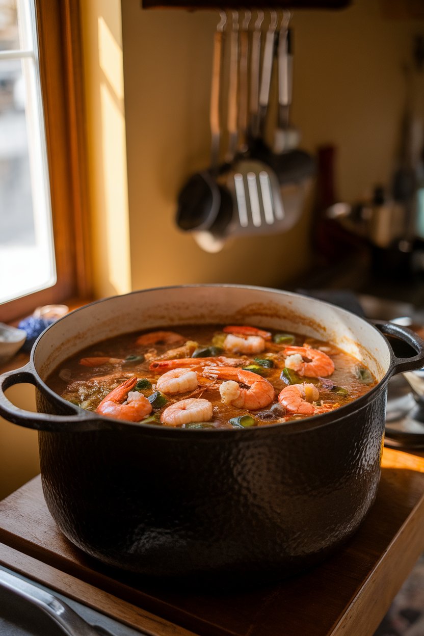 Indoor Southern kitchen table showing a heavy pot of seafood gumbo, shrimp, crab, and okra in dark roux-based broth. No text or logos. Photo.