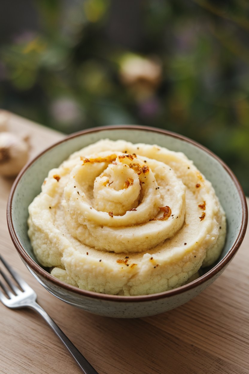 Indoor bowl of whipped cauliflower mash speckled with roasted garlic, swirl pattern visible. No text or logos.