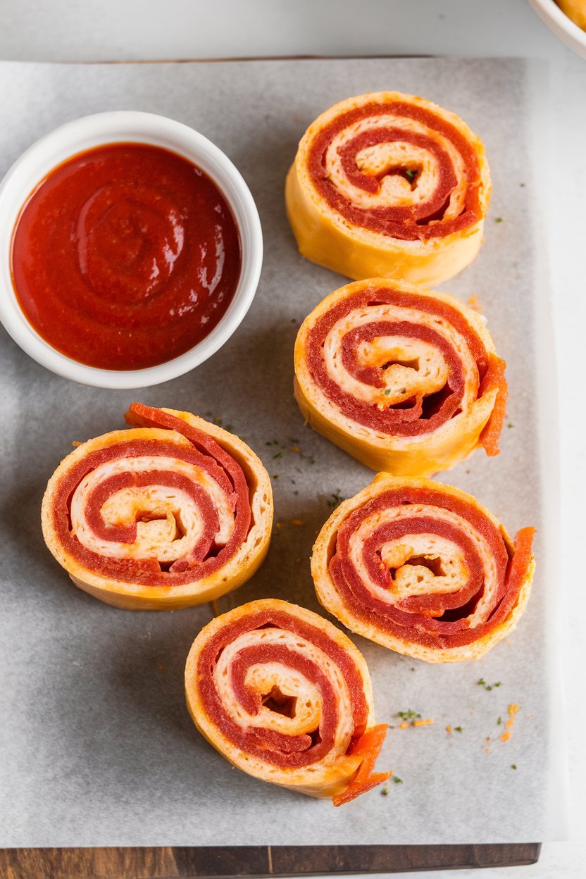 Sliced pizza roll-ups showing spirals of pepperoni and cheese, served on an indoor parchment-lined board with marinara dip. No text or logos. Photo.