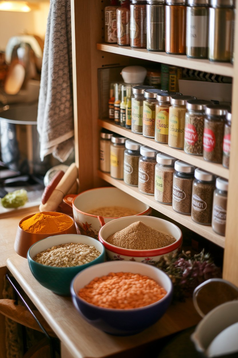 Photo of an indoor spice cabinet brimming with turmeric, cumin, and coriander next to bowls of lentils; warm ambient light; no text or logos.