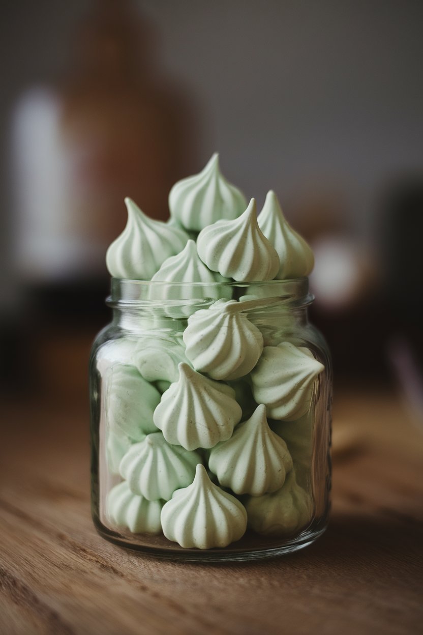 Light-green meringue kisses piled in a glass jar indoors, soft studio lighting highlighting glossy peaks. No logos.