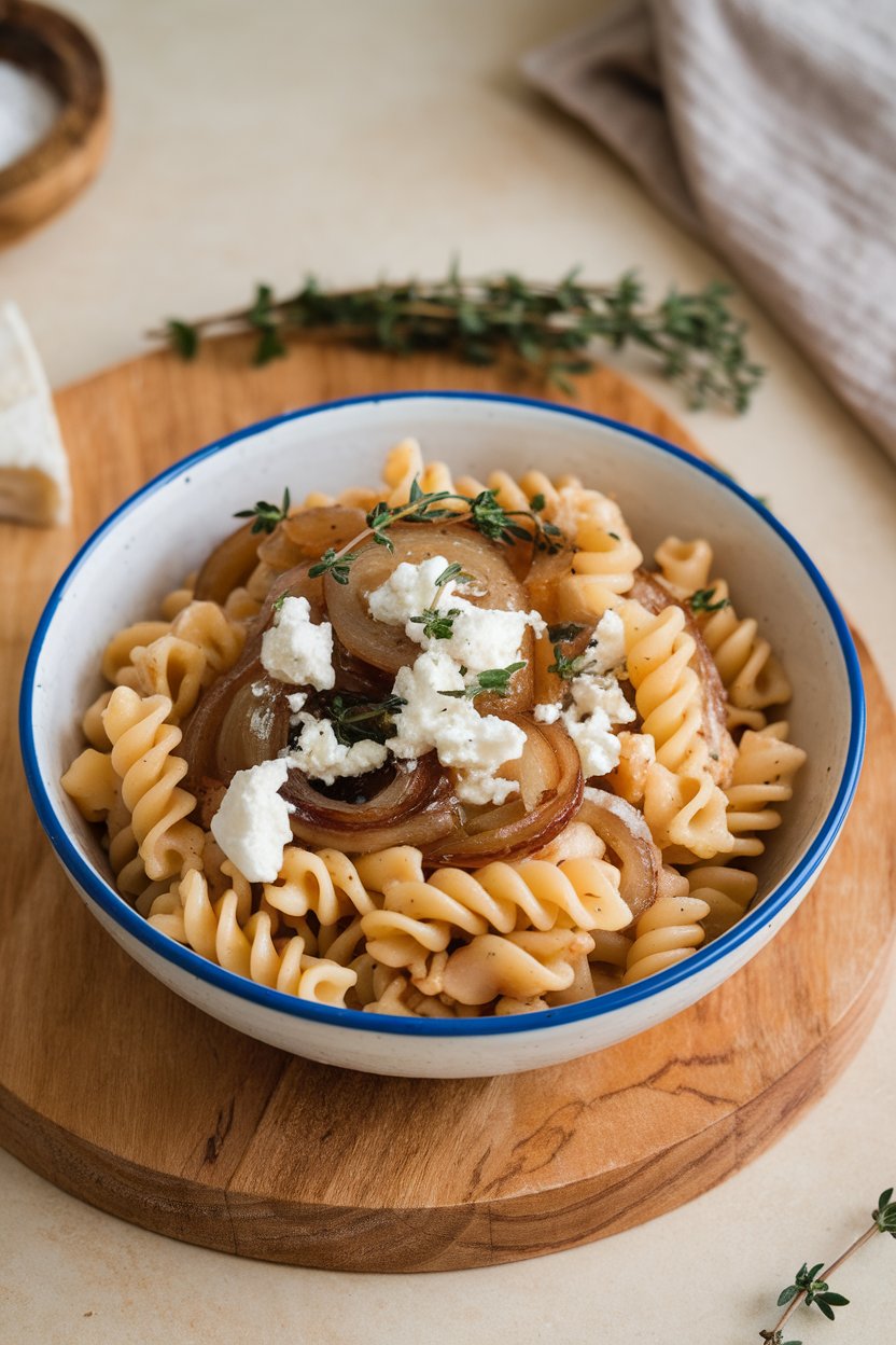 An indoor scene with cavatappi pasta mixed with caramelized onions, crumbled goat cheese, and fresh thyme; no text or logos.