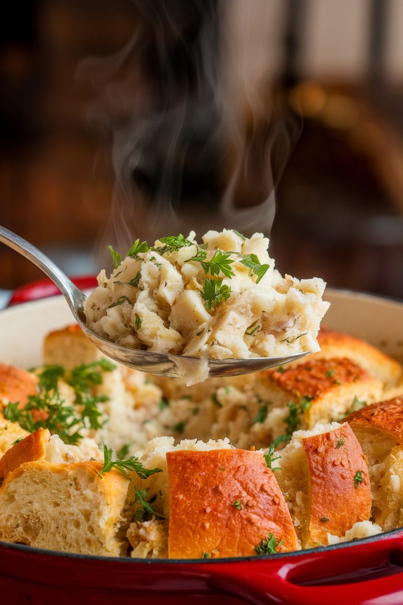 A spoonful of traditional bread dressing lifted from a casserole indoors, steam rising, parsley sprinkled—no logos or text. Photo.