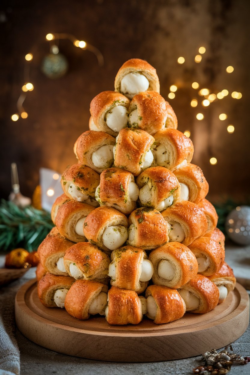 Crescent-roll balls stuffed with mozzarella arranged like a Christmas tree, brushed with pesto and baked, photographed indoors. No text or logos.