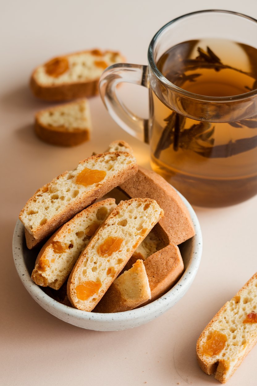 Mini biscotti pieces with visible dried apricot bits, arranged in a small indoor bowl beside a mug of herbal tea. No logos.