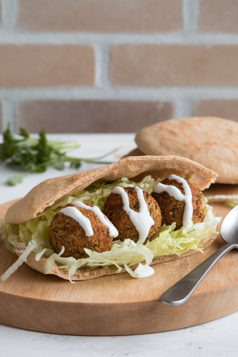 Indoor café table showing a whole-wheat pita pocket stuffed with baked falafel balls, shredded lettuce, and a drizzle of tzatziki. No text or logos, photo not illustration.