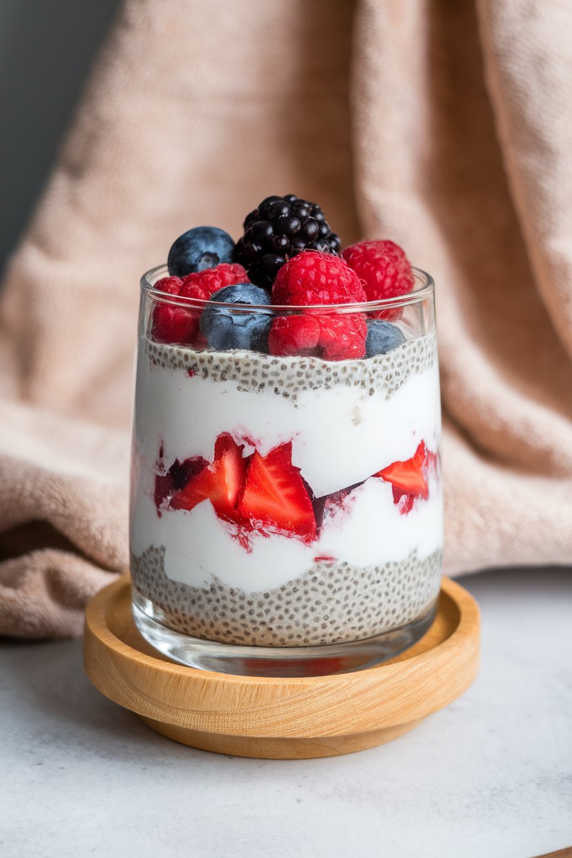 Photo, indoors, layered parfait glass with chia jam, coconut yogurt, and fresh berries. No text or logos.
