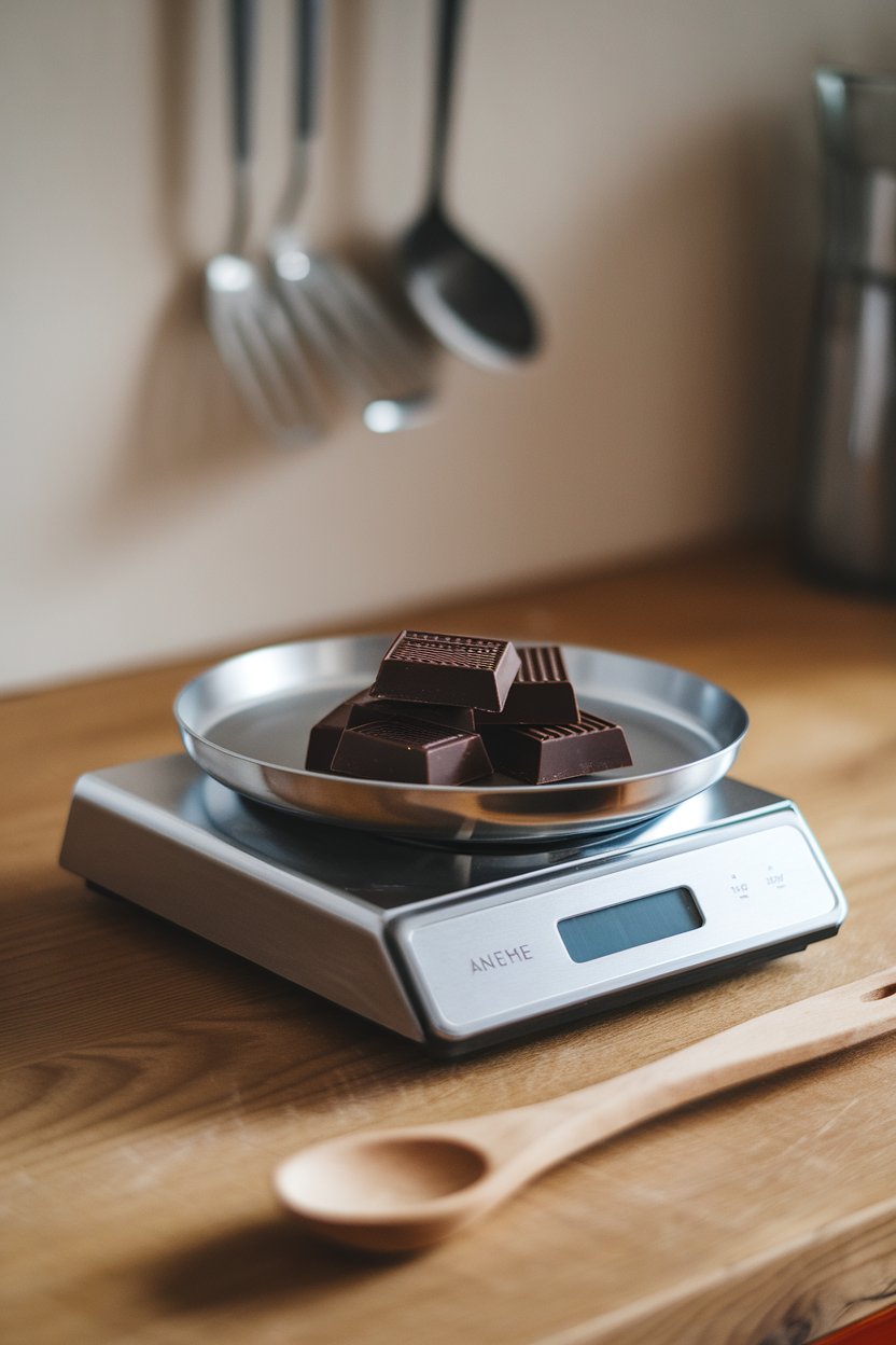 Indoor photo of a sleek kitchen scale weighing dark chocolate squares, illustrating precise portions. Neutral light, no text or logos.