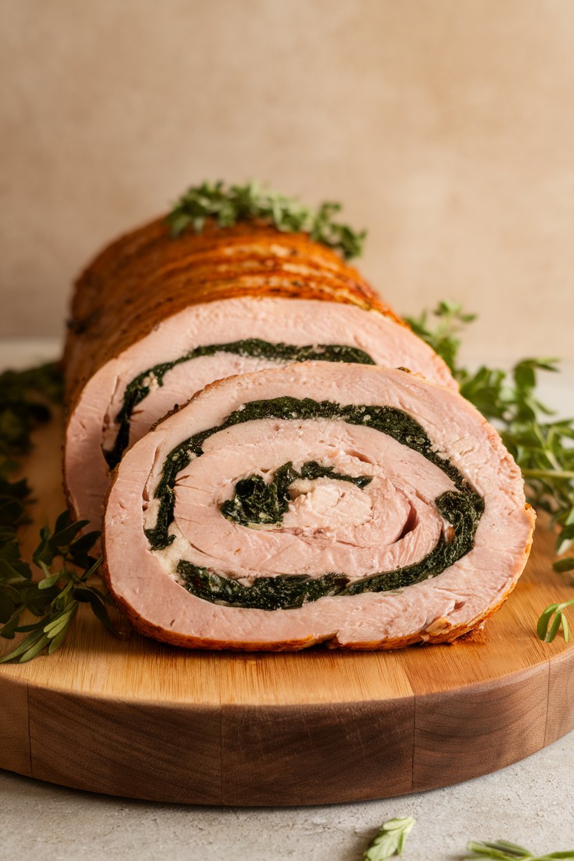 A sliced roulade indoors showing turkey breast rolled around kale and goat cheese filling, resting on a serving board; no text or logos.