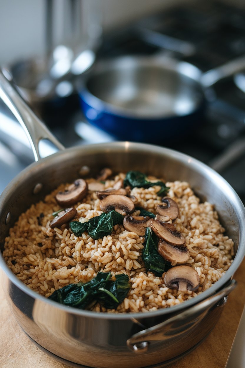 An indoor saucepan filled with brown rice pilaf dotted with sautéed mushrooms and wilted spinach. No branding or text visible.