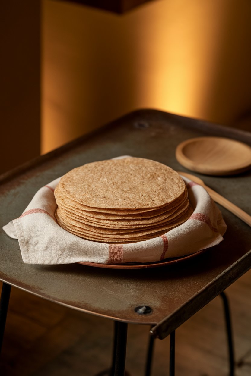 Photo of a stack of whole-grain tortillas wrapped in a cloth napkin on an indoor table, warm overhead light, no text or logos