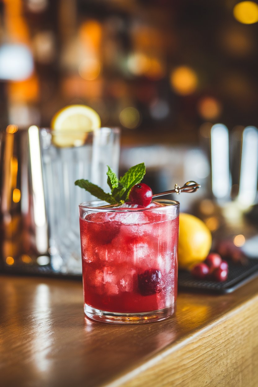 An indoor bar with a rocks glass of crushed-ice Cranberry Gin Smash, whole cranberries and mint sprig on top. No text or logos.