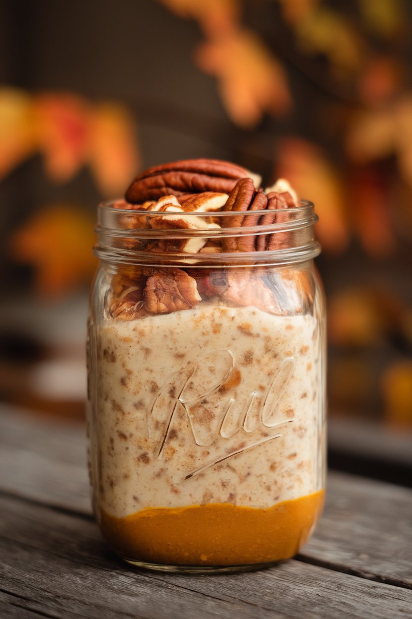 A mason jar indoors layered with pumpkin overnight oats, pecans on top; no text or logos, photo only