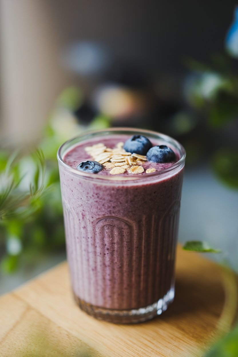 Indoor morning light shining on a glass of blueberry oatmeal smoothie with oats sprinkled on top. Photo, no text or logos present.