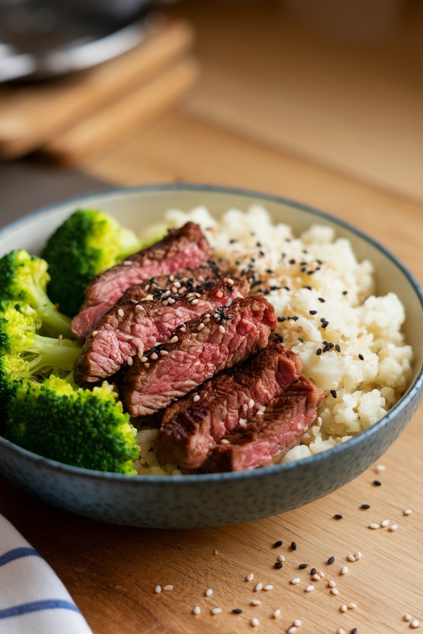 Indoor photograph of browned steak strips, bright green broccoli florets, and cauliflower rice sprinkled with sesame seeds in a wide bowl. No text or logos.