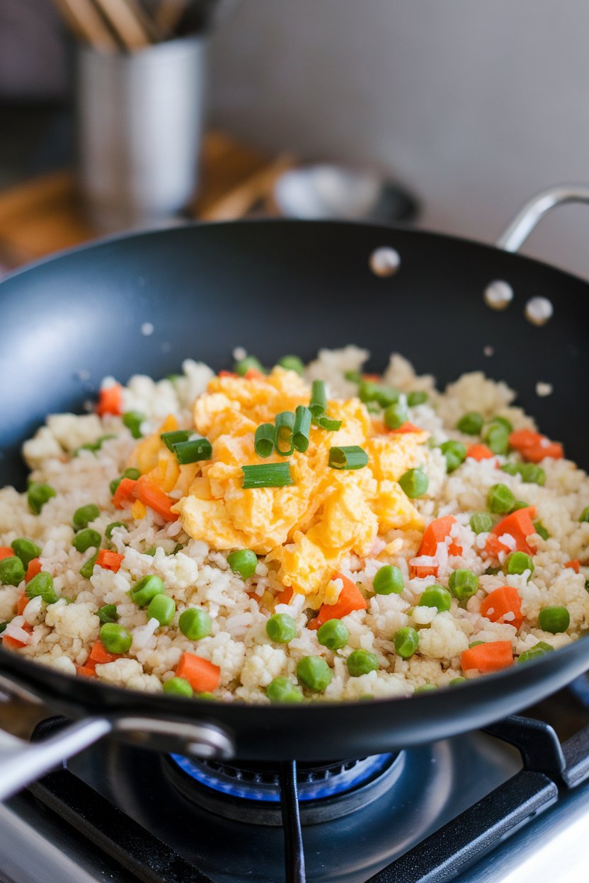 An indoor stovetop wok scene with cauliflower rice sautéed alongside peas, carrots, and scrambled egg bits, garnished with green onions. No text or logos on cookware.