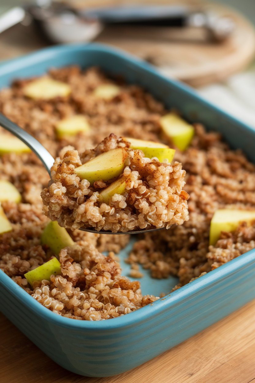 Photo, indoors, casserole dish of baked quinoa studded with apple chunks and cinnamon, spoon scooping a portion. No text or logos.