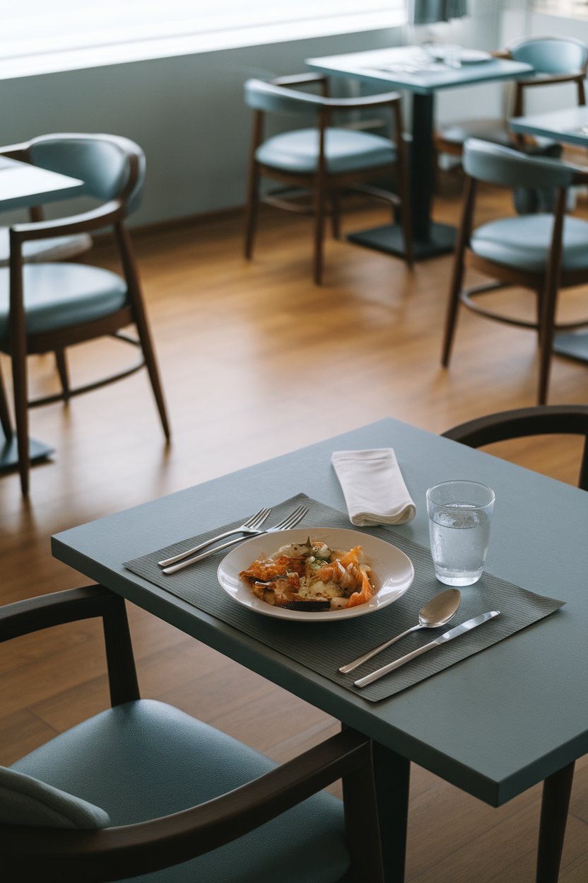 An indoor dining room with a single plate of food on a placemat, a glass of water nearby, and no electronic devices in sight. Soft, calming lighting. No text or logos visible.