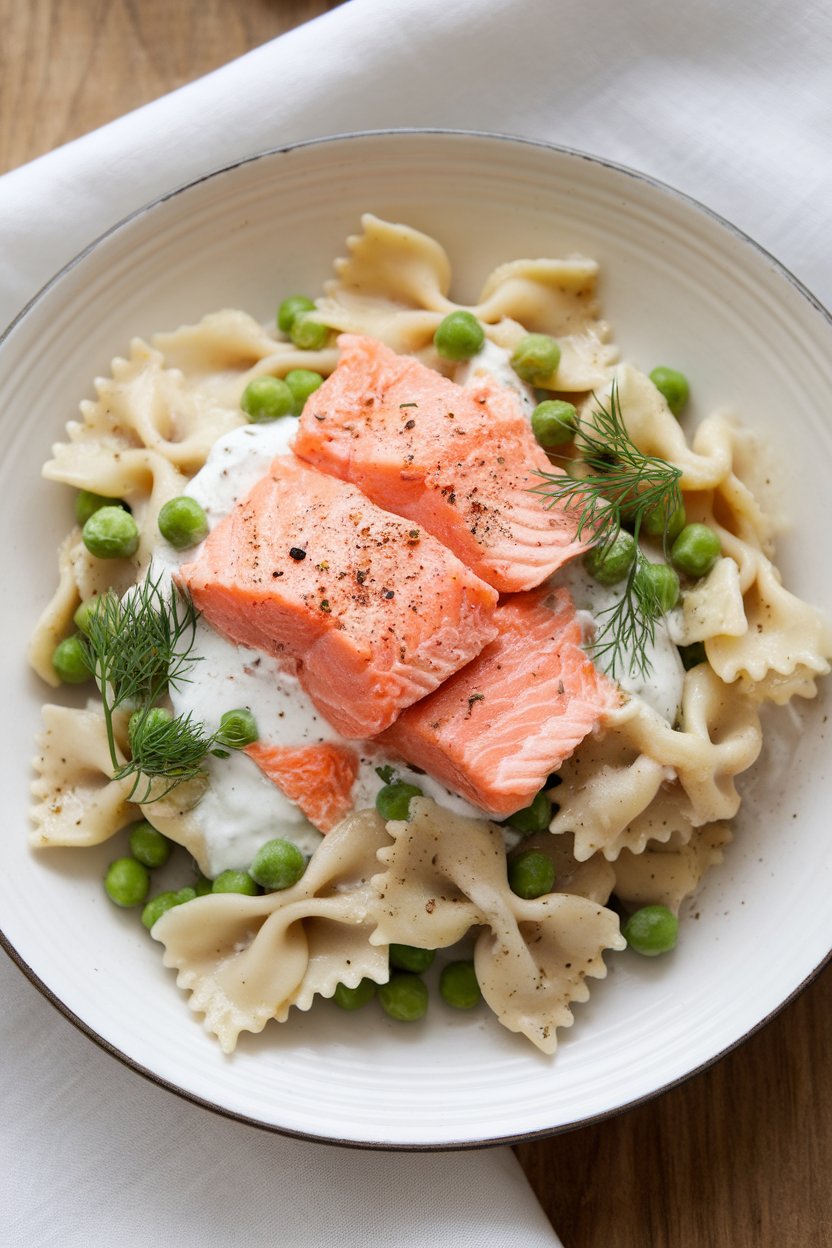 Indoor dish featuring flaked cooked salmon atop bow-tie pasta with peas and a light yogurt dill sauce. No text or logos.