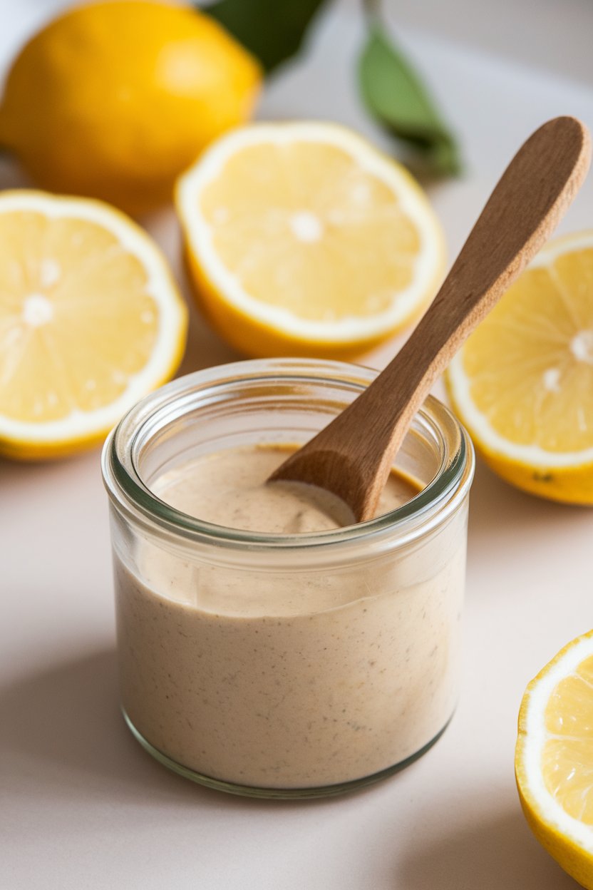 A small indoor glass jar of pale tahini dressing with a spoon, lemon halves in background. No text or logos. Photo, not illustration.